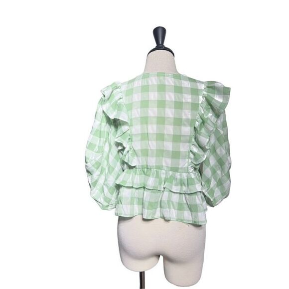 Olivaceous Short Puffy Sleeve Empire Ruffled Waist Gingham Blouse Size M - Picture 3 of 6